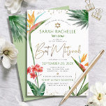 Bat Mitzvah Tropisch Goud Script Bloemen Waterverf Kaart<br><div class="desc">Wees trots, verheug je en laat deze mijlpaal van je favoriete Bat Mitzvah zien met deze verfijnde, gepersonaliseerde uitnodiging! Stijlvolle, prachtige, kleurrijke, tropische waterverf paradijsbloemen, faux gouden handgeschreven schrift, davidster en glitter stippen, samen met groen en grijs modern sans serif type, bedekken een witte achtergrond. Extra waterverf palmbladeren en een...</div>