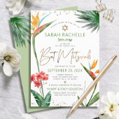 Bat Mitzvah Tropisch Goud Script Bloemen Waterverf Kaart