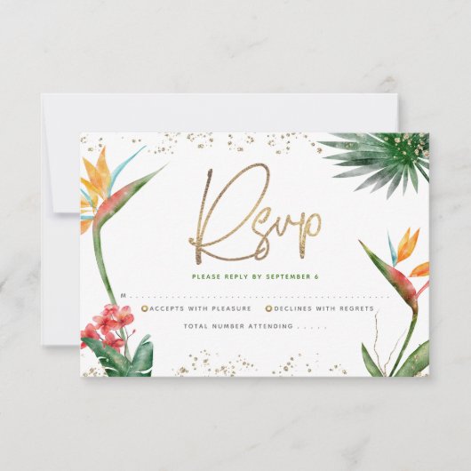 Bat Mitzvah Tropisch Goud Script Bloemen Waterverf RSVP Kaartje (Voorkant)