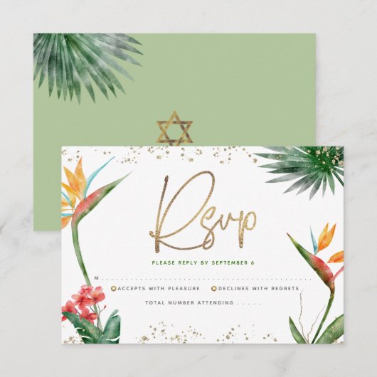 Bat Mitzvah Tropisch Goud Script Bloemen Waterverf RSVP Kaartje (Voorkant / Achterkant)
