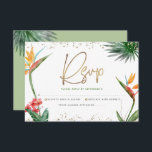 Bat Mitzvah Tropisch Goud Script Bloemen Waterverf RSVP Kaartje<br><div class="desc">Wees trots, verheug je en vier deze mijlpaal van je favoriete Bat Mitzvah met deze verfijnde, gepersonaliseerde RSVP-insteekkaart voor je evenement! Stijlvolle, prachtige, kleurrijke, tropische waterverf paradijsbloemen, faux gouden handgeschreven schrift, davidster en glitter stippen, samen met groen en grijs modern sans serif type, bedekken een witte achtergrond. Extra waterverf palmbladeren...</div>