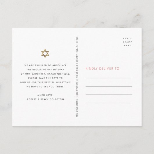 Bat Mitzvah Tropisch sparen Datum Floral Gold Scri Uitnodiging Briefkaart (Achterkant)