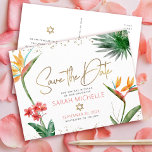 Bat Mitzvah Tropisch sparen Datum Floral Gold Scri Uitnodiging Briefkaart<br><div class="desc">Zorg ervoor dat al je vrienden en familieleden de mijlpaal van je dochter Bat Mitzvah kunnen vieren! Verzend dit onderwerp, gepersonaliseerd "sparen het briefkaart van de Datum"aankondiging. Stijlvolle, verbluffende, kleurrijke, tropische waterverf vogels van paradijse bloemen, faux goudhandgeschreven script, Star of David en glitter stippen, samen met roze rozen en grijze...</div>