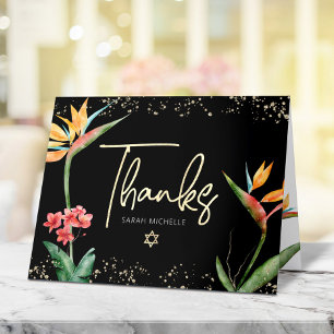 Bat Mitzvah Tropische Bloemen Waterverf Zwart Goud Bedankkaart