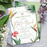 Bat Mitzvah Tropische Floral Waterverf Gold Script Kaart<br><div class="desc">Wees trots, blij en toon deze mijlpaal van je favoriete Bat Mitzvah met deze geavanceerde, persoonlijke uitnodiging! Stijlvolle, verbluffende, kleurrijke, tropische waterverf vogels van paradijse bloemen, faux goudhandgeschreven script, Star of David en glitter stippen, samen met groen en grijs modern sans serif type, bedekken een witte achtergrond. Extra waterverf palmbladeren...</div>