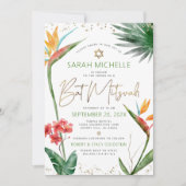 Bat Mitzvah Tropische Floral Waterverf Gold Script Kaart (Voorkant)