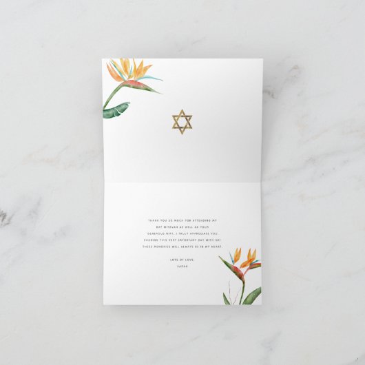 Bat Mitzvah Tropische Waterverf Bloemen Goud Scrip Bedankkaart (Binnen)