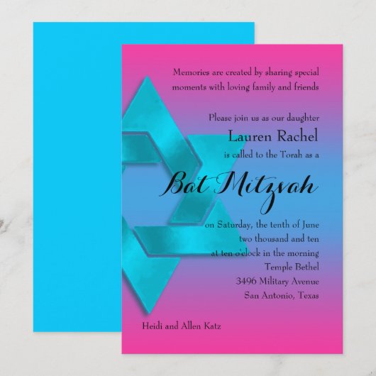 Bat Mitzvah Turquoise aan Pink Ombre met Star Kaart (Voorkant / Achterkant)