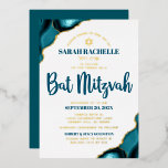 Bat Mitzvah Turquoise Agaat Vet Script Echt Goud Folie Uitnodiging<br><div class="desc">Wees trots, verheug je en laat deze mijlpaal van je favoriete Bat Mitzvah zien! Stuur deze coole, unieke, moderne, gepersonaliseerde, Hebreeuwse naam echte gouden folie uitnodiging voor een evenement om te onthouden. Blauwgroen Donkerblauw schrift typografie, echte gouden folie sans serif typografie, en een echte folie gouden ster van David overlay...</div>