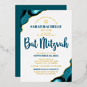 Bat Mitzvah Turquoise Agaat Vet Script Echt Goud Folie Uitnodiging