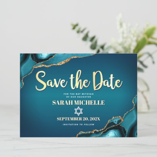 Bat Mitzvah Turquoise Agate Ombre Gold Script Chic Save The Date (Staand voorkant)