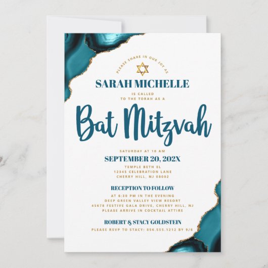 Bat Mitzvah Turquoise Agate Script 2 Venue Modern Kaart (Voorkant)