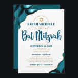 Bat Mitzvah Turquoise Agate Script 2 Venue Modern Kaart<br><div class="desc">Wees trots, verheug je en laat deze mijlpaal van je favoriete Bat Mitzvah zien! Stuur deze coole, unieke, moderne, gepersonaliseerde uitnodiging voor een evenement om te onthouden. Donker blauwgroen blauw schrift typografie en faux gold Star of David overlay eenvoudige, schone witte achtergrond met turquoise blauw agaat geaccentueerd met faux gouden...</div>
