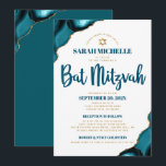 Bat Mitzvah Turquoise Agate Script 2 Venue Modern Kaart<br><div class="desc">Wees trots, verheug je en laat deze mijlpaal van je favoriete Bat Mitzvah zien! Stuur deze coole, unieke, moderne, gepersonaliseerde uitnodiging voor een evenement om te onthouden. Donker blauwgroen blauw schrift typografie en faux gold Star of David overlay eenvoudige, schone witte achtergrond met turquoise blauw agaat geaccentueerd met faux gouden...</div>