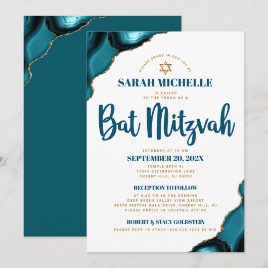 Bat Mitzvah Turquoise Agate Script 2 Venue Modern Kaart (Voorkant / Achterkant)