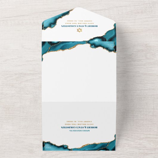 Bat Mitzvah Turquoise Agate Script Bold Modern All In One Uitnodiging (Buitenkant)