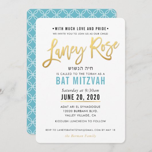 BAT MITZVAH turquoise blauw goud script LANEY ROOS Kaart (Voorkant / Achterkant)