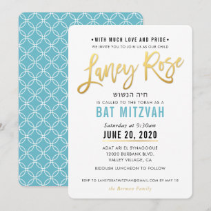 BAT MITZVAH turquoise blauw goud script LANEY ROOS Kaart