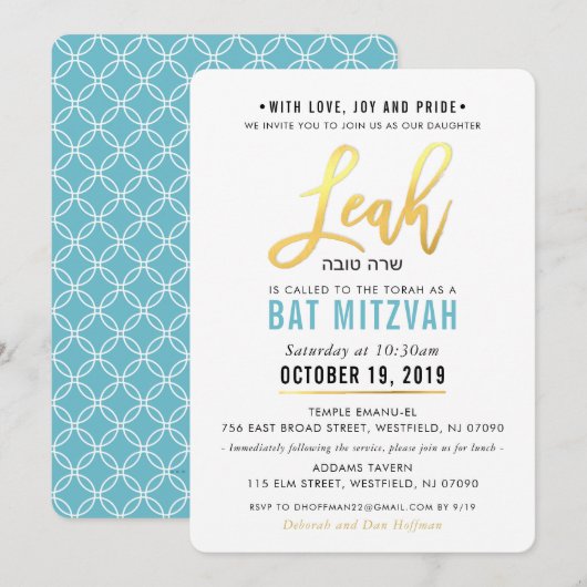 BAT MITZVAH turquoise blauw goud script LEAH Kaart (Voorkant / Achterkant)