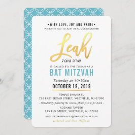 BAT MITZVAH turquoise blauw goud script LEAH Kaart