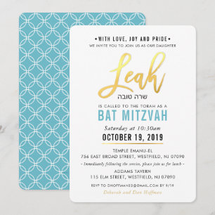 BAT MITZVAH turquoise blauw goud script LEAH Kaart