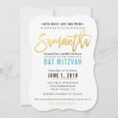 BAT MITZVAH turquoise blauw goud script SAMANTHA Kaart (Voorkant)