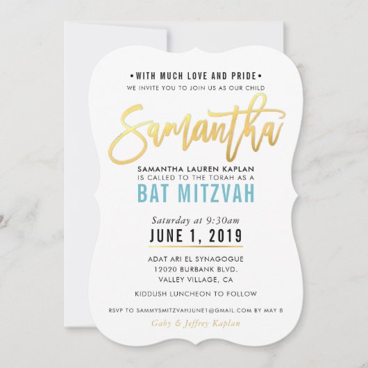 BAT MITZVAH turquoise blauw goud script SAMANTHA Kaart (Voorkant)