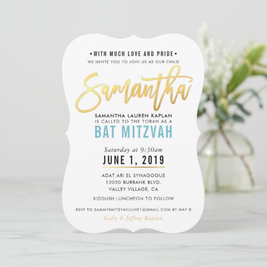 BAT MITZVAH turquoise blauw goud script SAMANTHA Kaart (Staand voorkant)
