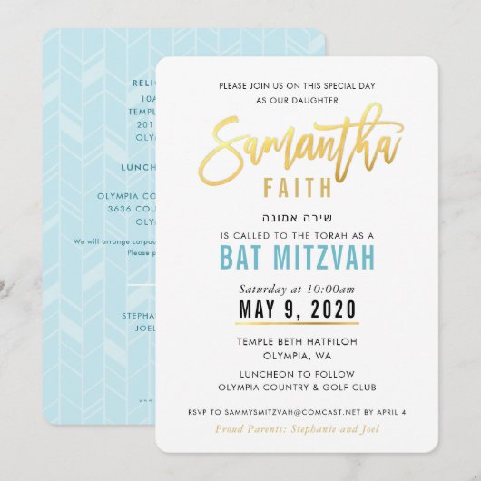 BAT MITZVAH turquoise blauw goud script SAMANTHA Kaart (Voorkant / Achterkant)