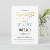 BAT MITZVAH turquoise blauw goud script SAMANTHA Kaart (Staand voorkant)