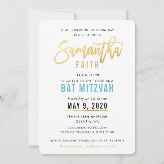 BAT MITZVAH turquoise blauw goud script SAMANTHA Kaart (Voorkant)