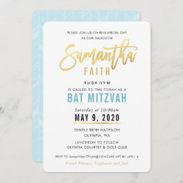 BAT MITZVAH turquoise blauw goud script SAMANTHA Kaart