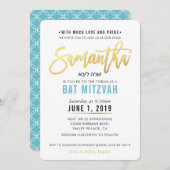 BAT MITZVAH turquoise blauw goud script SAMANTHA Kaart (Voorkant / Achterkant)
