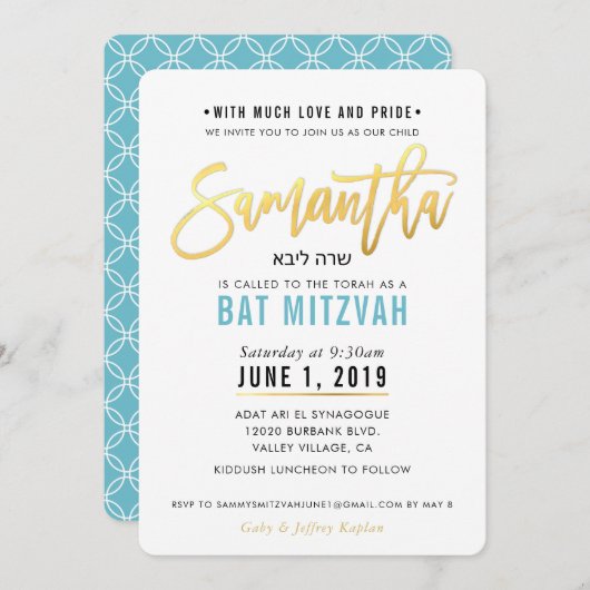 BAT MITZVAH turquoise blauw goud script SAMANTHA Kaart (Voorkant / Achterkant)