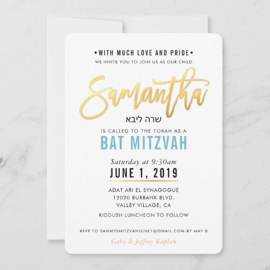 BAT MITZVAH turquoise blauw goud script SAMANTHA Kaart (Voorkant)