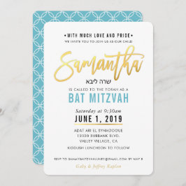 BAT MITZVAH turquoise blauw goud script SAMANTHA Kaart