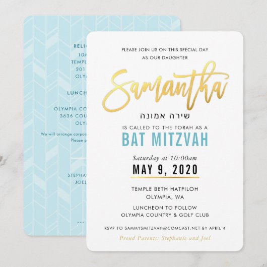 BAT MITZVAH turquoise blauw goud script SAMANTHA Kaart (Voorkant / Achterkant)