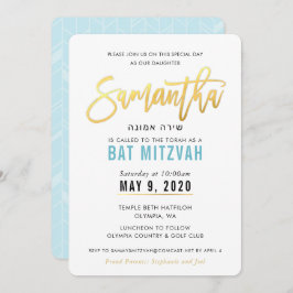 BAT MITZVAH turquoise blauw goud script SAMANTHA Kaart