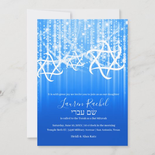 Bat Mitzvah Turquoise Blauw Wit Sparkly Lights Kaart (Voorkant)