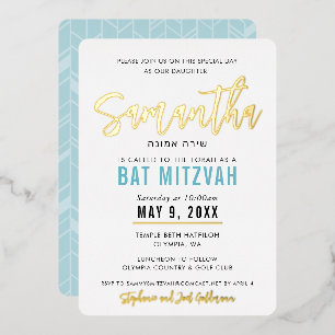 BAT MITZVAH turquoise blauwe gouden script kalligr Folie Uitnodiging
