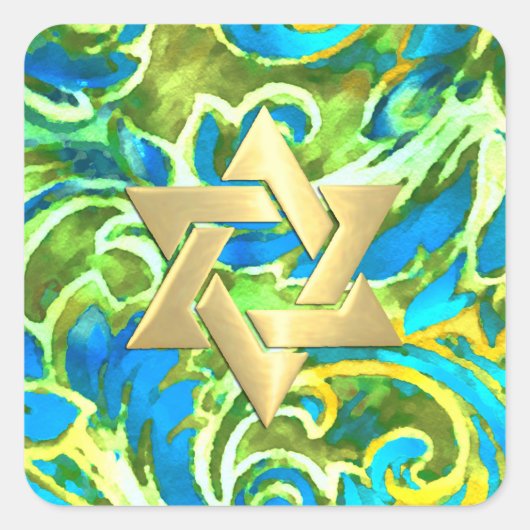 Bat Mitzvah Turquoise Blue Green Waterverf Damask Vierkante Sticker (Voorkant)