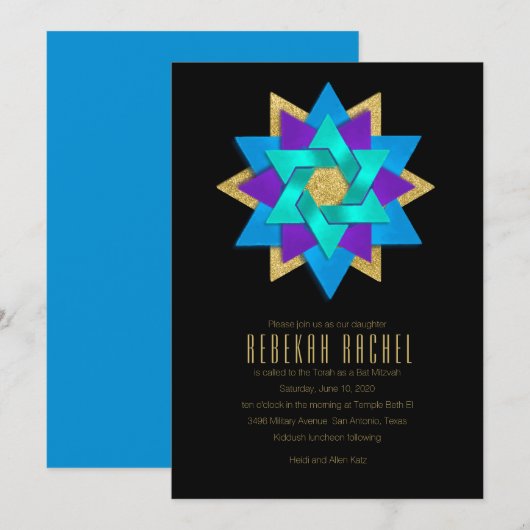 Bat Mitzvah Turquoise Blue Paarse Aqua Star Flower Kaart (Voorkant / Achterkant)