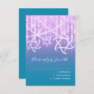 Bat Mitzvah Turquoise Blue Paarse Sparkly Lights RSVP Kaartje