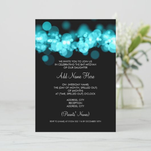 Bat Mitzvah Turquoise Bokeh Lights Kaart (Staand voorkant)