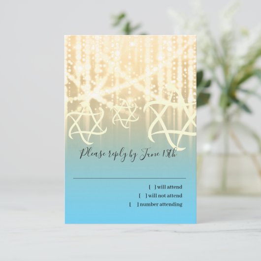 Bat Mitzvah Turquoise en Gold Sparkly Lights RSVP Kaartje (Staand voorkant)