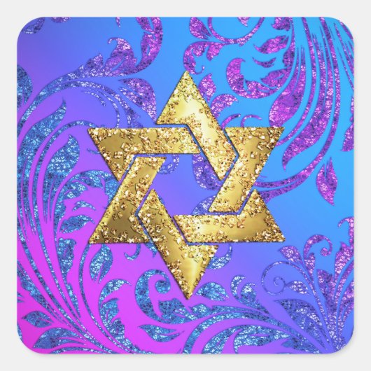 Bat Mitzvah Turquoise en Pink Glittery Damask Vierkante Sticker (Voorkant)