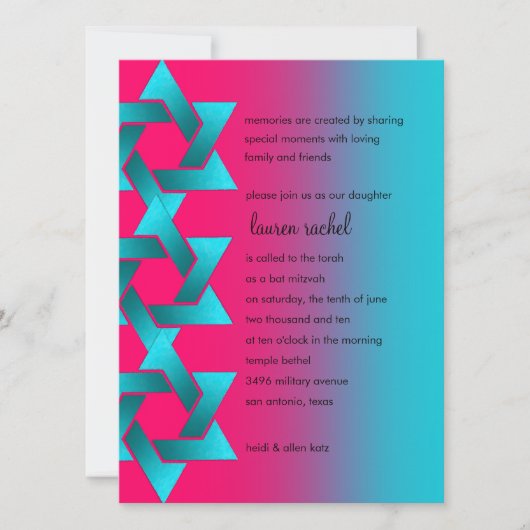 Bat Mitzvah Turquoise en Pink Ombre Star van David Kaart (Voorkant)