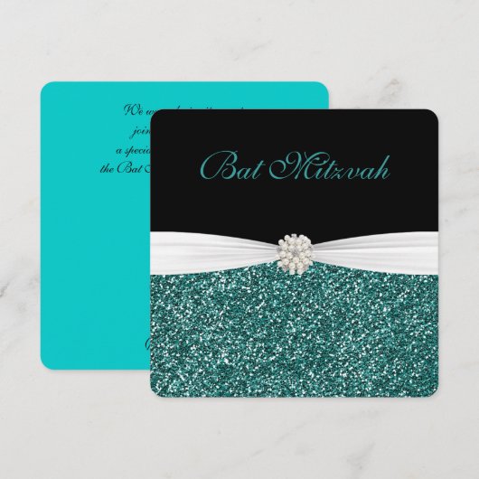 Bat Mitzvah, Turquoise Glitter, Uitnodigingen (Voorkant / Achterkant)