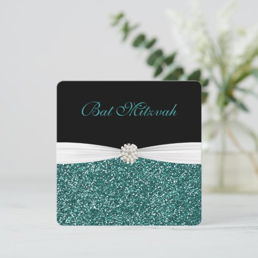 Bat Mitzvah, Turquoise Glitter, Uitnodigingen (Staand voorkant)