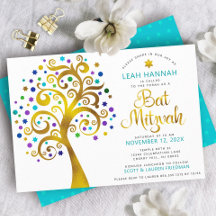 Bat Mitzvah Turquoise Goud Moderne Boom des Levens